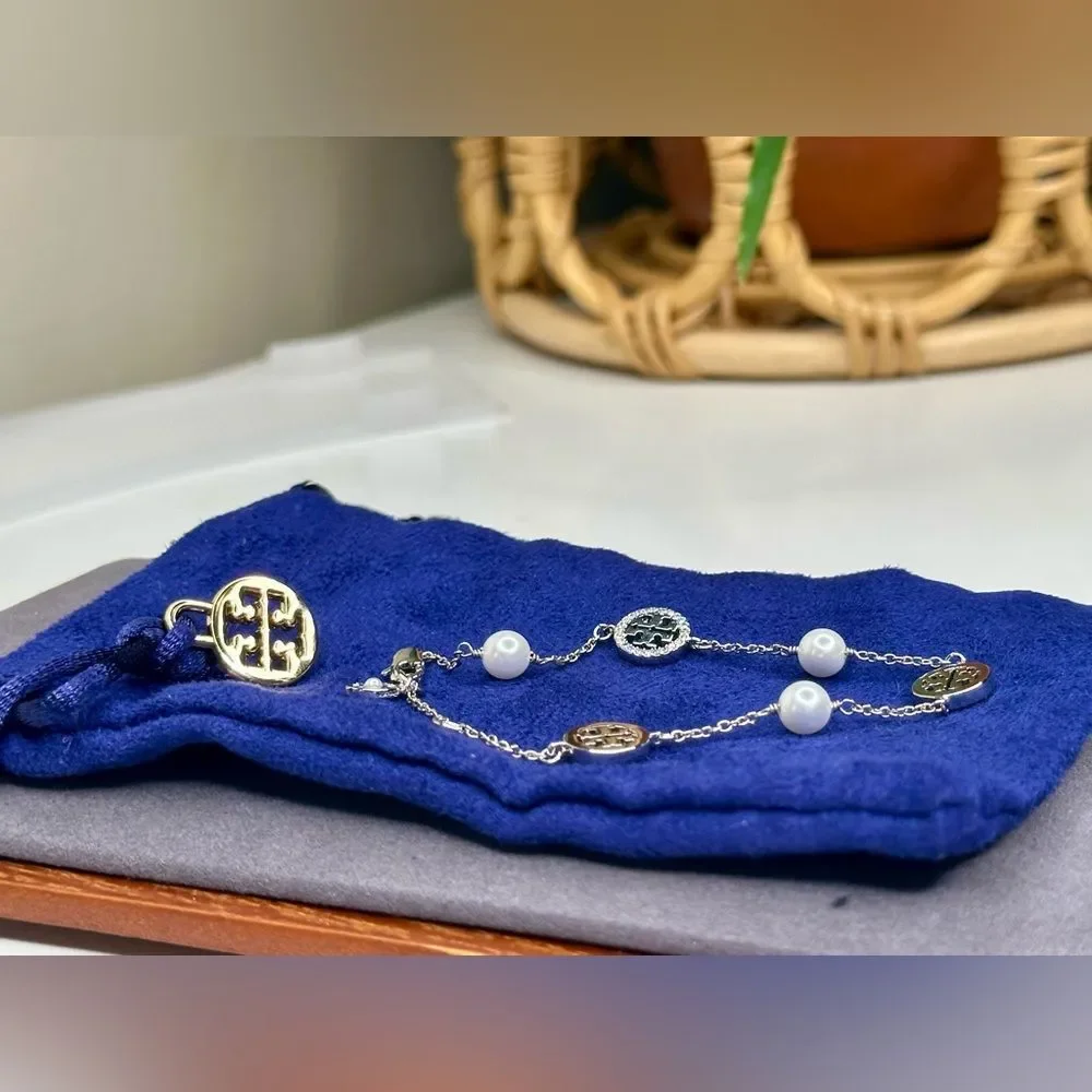 Tory Burch Crystal Logo & Pearl Station Bracelet Silver-Tone 7” Jewelry - Picture 4 of 9